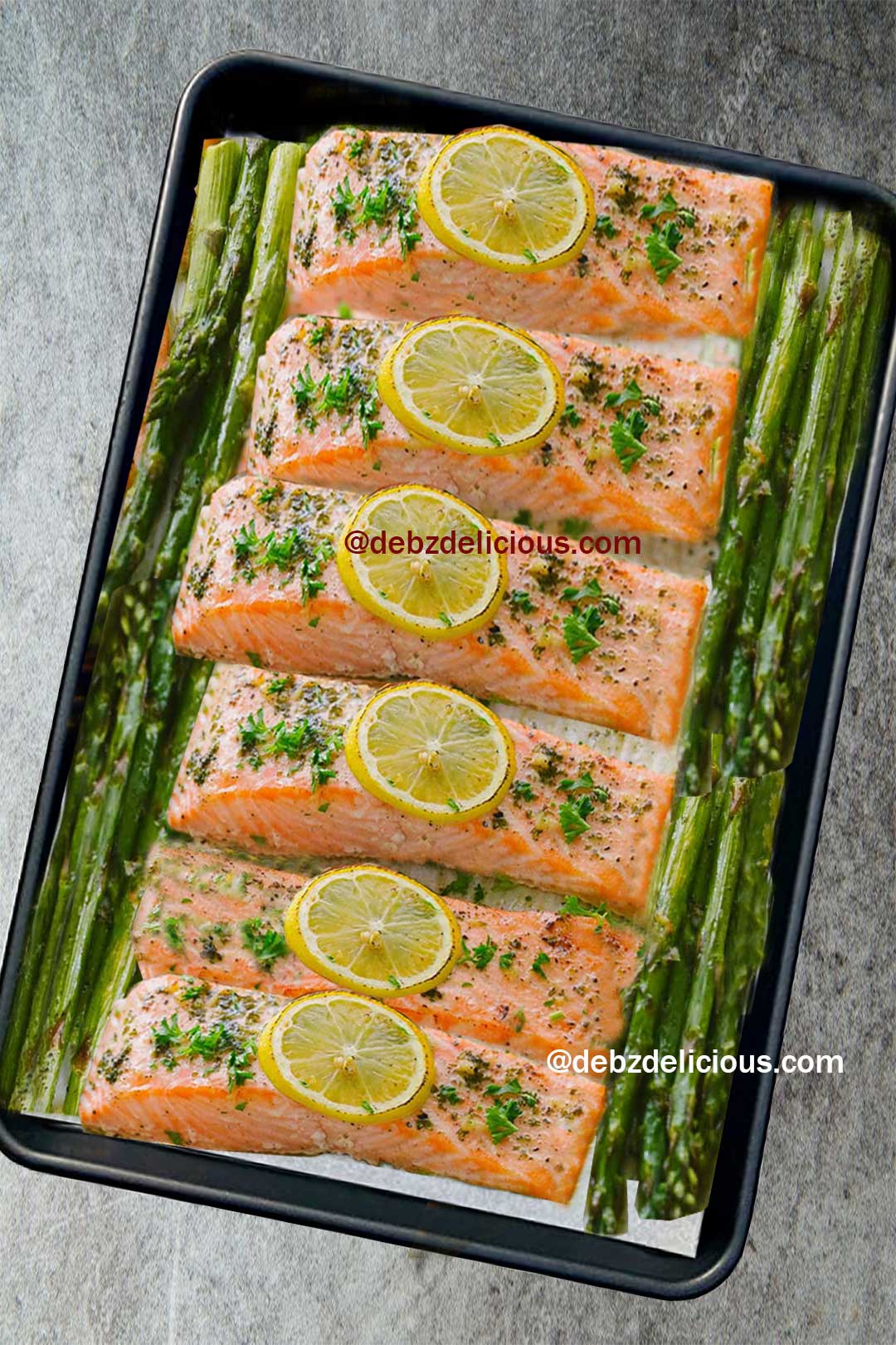 One Pan Lemon Garlic Baked Salmon And Asparagus - Debz Delicious